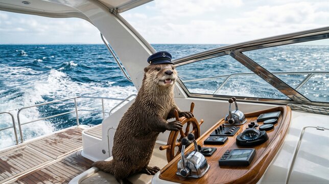 Cute otter wearing sailor hat steering a luxury yacht. Furry animal captain navigating boat on sunny ocean. Summer vacation travel concept, maritime adventure across blue sea water.