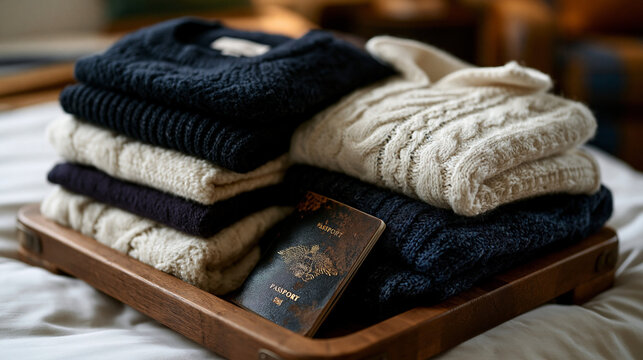 Flatlay of capsule travel wardrobe unpacked on hotel bed, six pieces in coordinating navy and ecru, a worn passport beside them, perfect for travel capsule wardrobe, packing essentials, and contempo