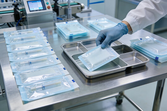 Sterile medical instruments are packaged in sealed pouches for safe storage and transport