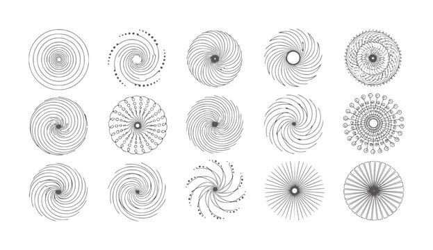 Collection of fifteen circular abstract line with spiral and radial patterns