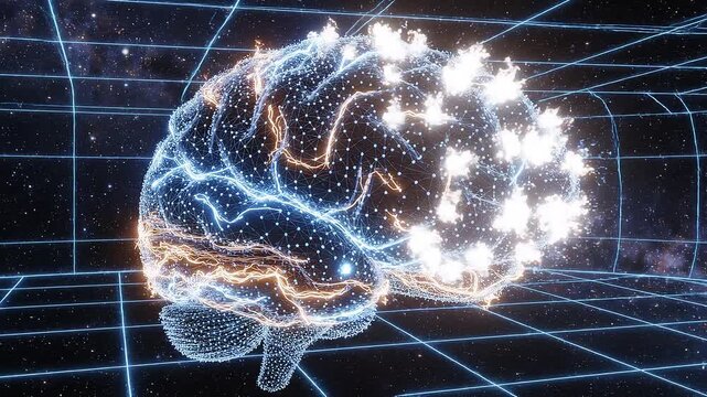 A glowing digital brain with active neural networks against a dark grid background, symbolizing artificial intelligence and advanced thought processes.