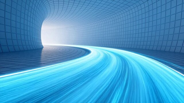Blue digital tunnel with glowing grid walls and depth perspective