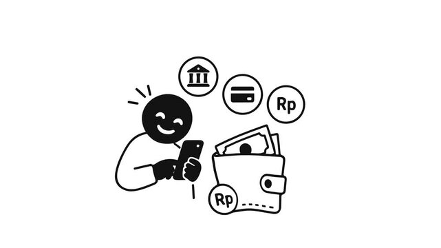 Animated stick figure using a smartphone next to a wallet with Indonesian Rupiah cash, credit card, and bank icons. Minimalist doodle animation for digital wallet and banking in Indonesia.
