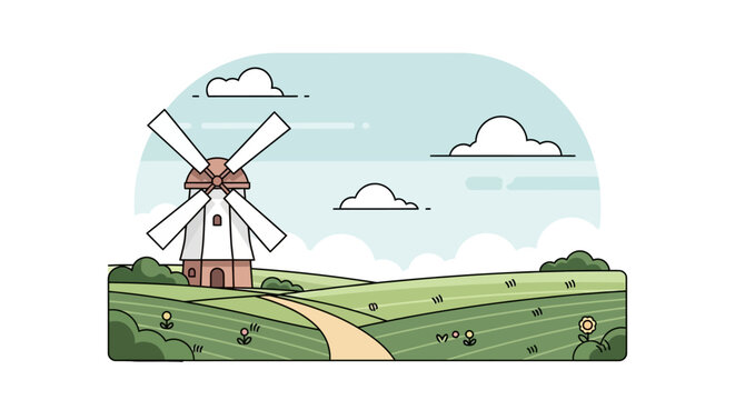 Charming countryside landscape with traditional windmill and green fields