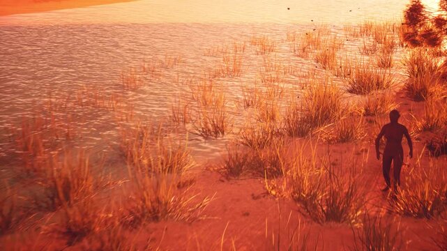 3D CGI Cinematic Dawn of Humanity - Pair of Early Humans Homo Erectus Overlooking Ancient Savanna at Fiery Sunset, Prehistoric Exploration Footage.