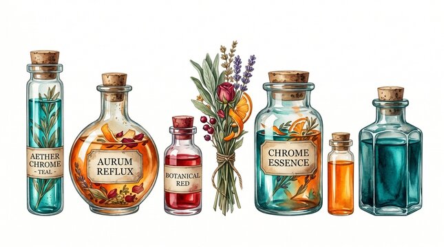 Mystical alchemist potion bottles, a collection of magical elixirs and botanical ingredients, vintage fantasy glass vials for witchcraft and spellcraft, enchanting apothecary illustration.