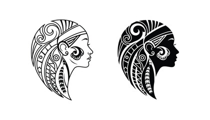 Woman profile portrait with intricate ornamental tribal patterns and decorative hair accessories in black and white vector design © Daniel