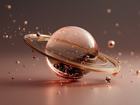 Abstract futuristic digital art of a metallic sphere with s in space with glowing particles and reflections