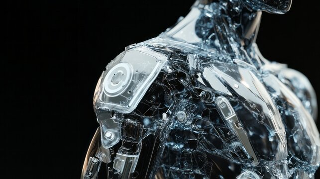 Transparent humanoid robot upper body with mechanical components and glass shell detailed cybernetic anatomy futuristic artificial intelligence concept high tech engineering isolated dark background