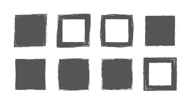 Eight dark grey square frames with rough textured edges white grunge