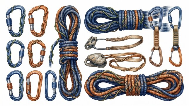 Watercolor climbing gear illustration set, essential mountaineering equipment, rock climbing ropes and carabiners, adventure sport tools.