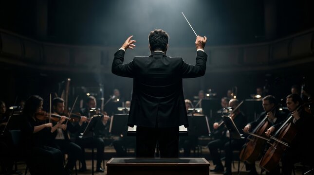 A male conductor seen from behind directing an orchestra with hand gestures and a baton.