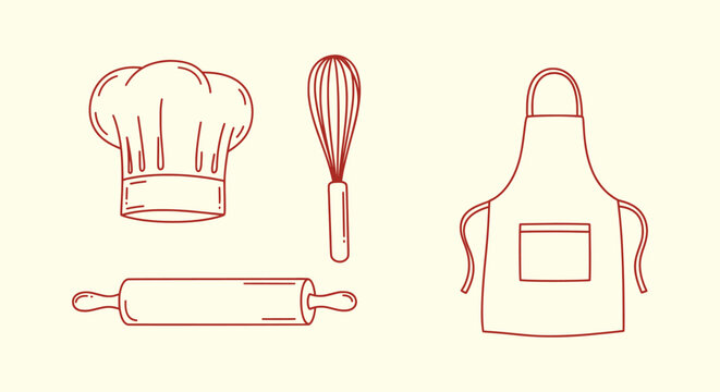 Hand Drawn Collection of Kitchen Utensils Featuring Chef Hat, Whisk, Rolling Pin and Cooking Apron