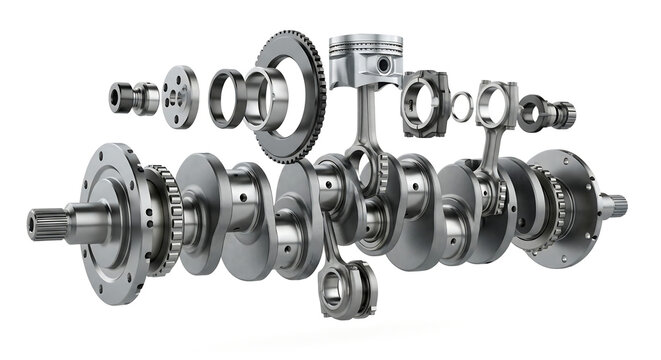 Exploded view of a complex internal combustion engine crankshaft assembly with pistons and connecting rods.