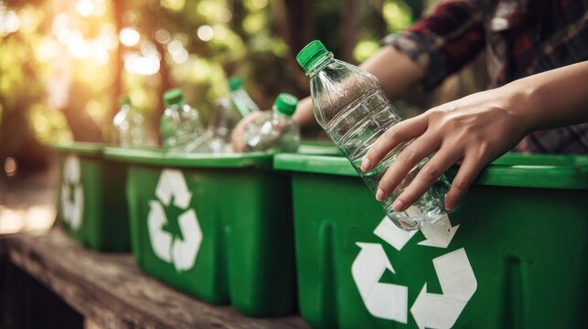 Person deposits empty plastic bottle into designated green recycling container outdoors
