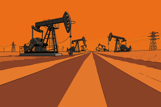 This graphic illustration shows multiple beam pumping units operating in a long straight desert oilfield, with power grids and road perspective under warm orange sky.