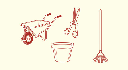 Minimalist gardening tools collection including wheelbarrow garden shears flower pot and leaf rake © Tajul