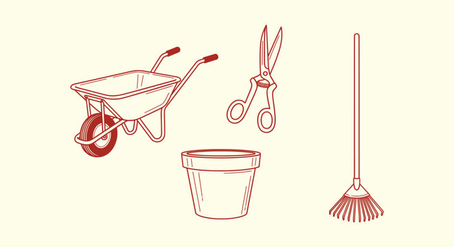 Minimalist gardening tools collection including wheelbarrow garden shears flower pot and leaf rake