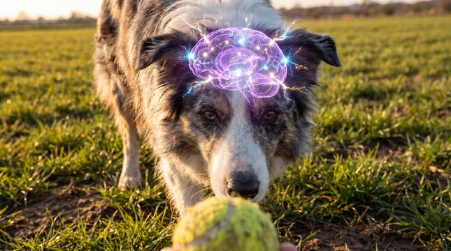 Dog with a glowing purple brain standing in a field looking at a tennis ball