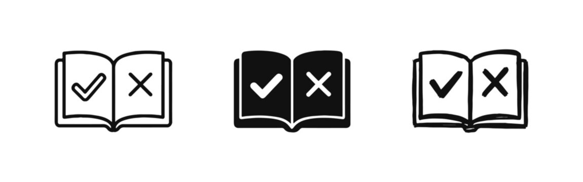 Guidelines and Rules Book Icon Set with Check and Cross in Outline Solid and Hand Drawn Styles