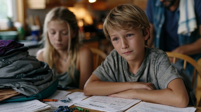 Two children at a kitchen table, backpacks stacked high, scattered worksheets and broken crayons everywhere, one crying over a math page, a tired dad standing nearby with a dish towel over his shoul