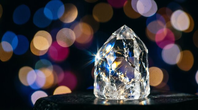Sparkling crystal gemstone with blurred bokeh background