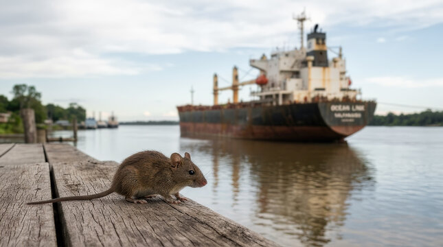 Un rat&oacute;n en un muelle de hormig&oacute;n junto a un buque de carga, transmitiendo el riesgo de hantavirus, la transmisi&oacute;n de enfermedades zoon&oacute;ticas, la concienciaci&oacute;n 