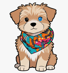 Fototapeta premium A cartoon illustration of a fluffy domestic puppy with heterochromatic eyes, wearing a colorful printed scarf, sitting against a plain white background.