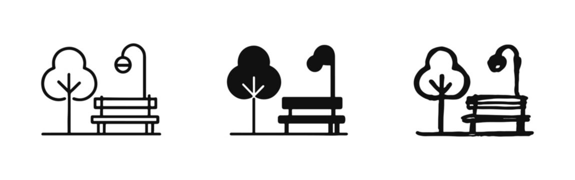 Public Park Bench with Tree and Lamp Icons in Outline, Solid, and Hand-Drawn Styles