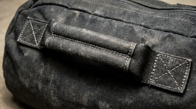 close-up of military sandbag with straps on textured fabric background