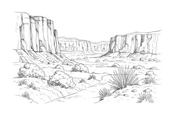 Hand drawn of a desert canyon landscape with rock formations and sparse vegetation © Mehedi