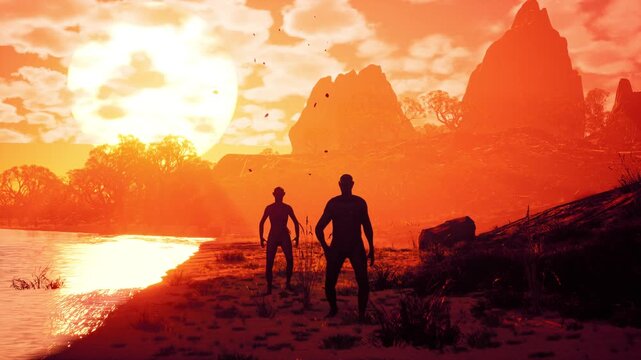 3D CGI Prehistoric River Landscape - Cinematic Flowing Water and Nature Scenery at Sunset, Atmospheric Wilderness Background Stock Footage.
