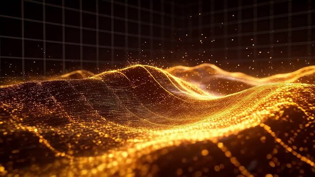 Golden particles forming wave shape with grid lines on dark technology background