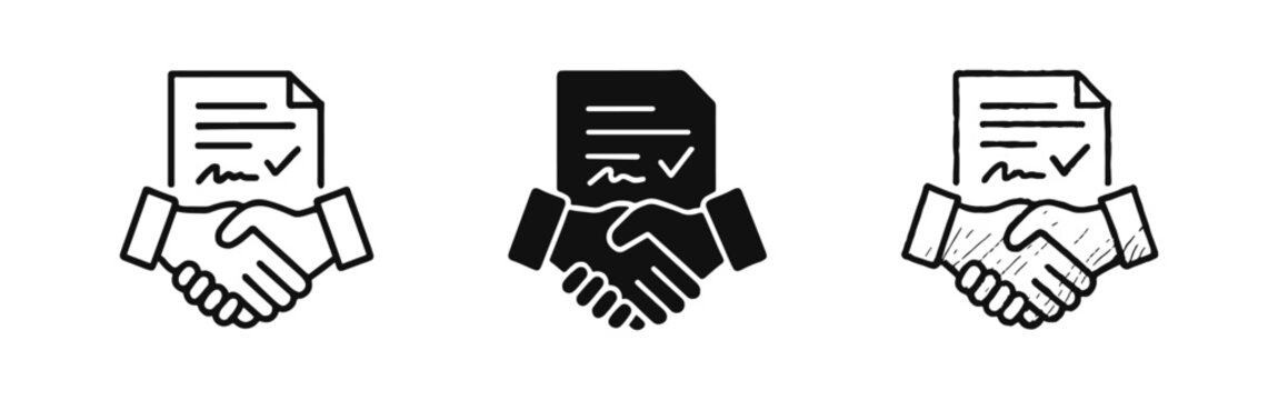 Business agreement and handshake icons with signed contract document