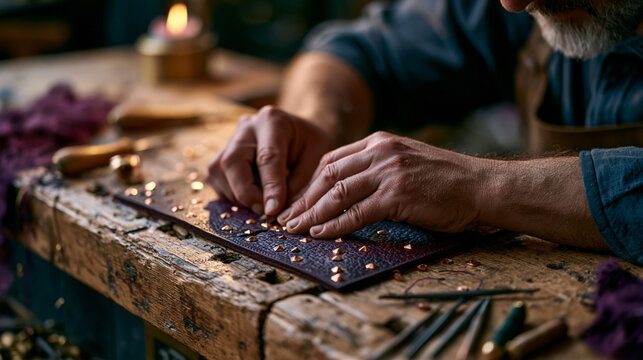 Artisan hands press copper rivets into vegetable-tanned leather on a worn oak workbench, luxury handbag hardware detail in dramatic side lighting, scattered awls and thread nearby, ideal for handmad