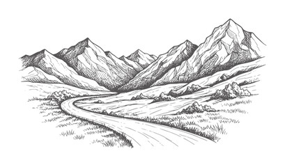 Hand drawn of a winding road through a mountain valley landscape mountains © Mehedi