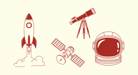 Space Exploration Hand Drawn Icon Set with Rocket Launch, Satellite, Telescope and Astronaut Helmet © Tajul