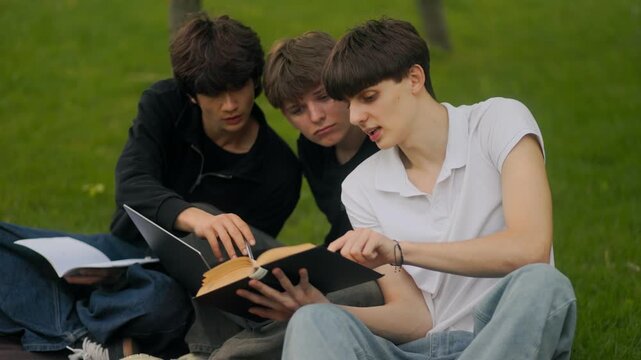 Medium shot of three teen male students pointing at book in sunny park