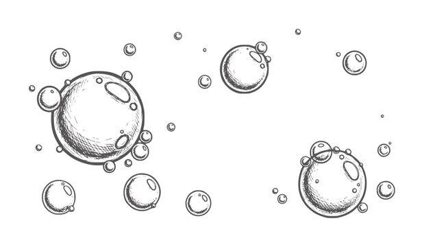 Hand drawn of floating soap bubbles and water droplets liquid