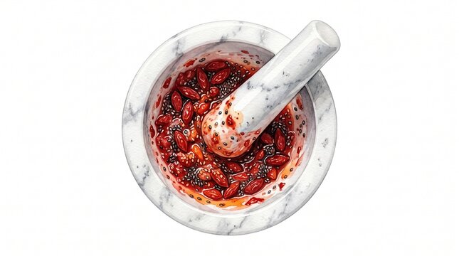 White marble mortar and pestle, grinding red berries and spices, a culinary tool for fresh ingredients, kitchen preparation, and gourmet cooking.