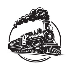 Vintage steam locomotive vector illustration, retro train engine with smoke clouds, black and white railway transport emblem for logo design © Adnan