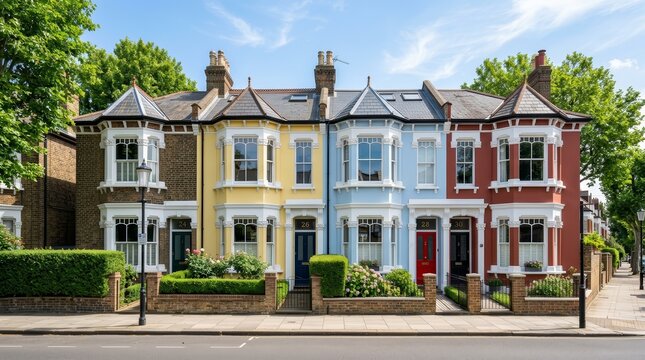 Colorful Victorian terraced houses lining a residential street in North London, Crouch End.