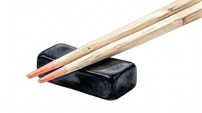 Elegant wooden chopsticks resting on a sleek black ceramic chopstick rest, a traditional Asian dining utensil set, perfect for culinary and restaurant themes.