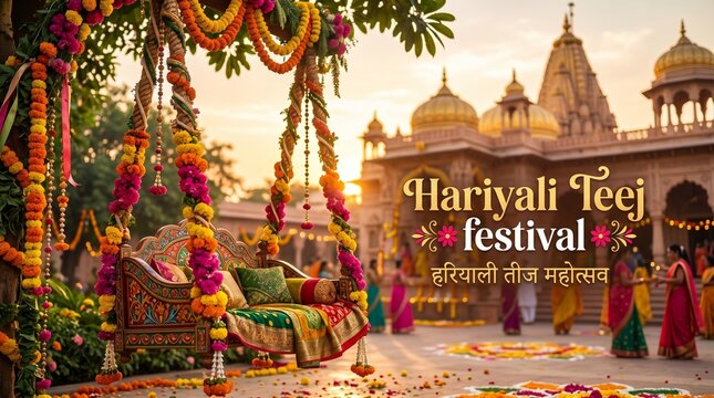 Happy Hariyali Teej Festival Poster Design with A festive beautifully adorned marigold decorated swing (jhula) and diya lamps with intricate floral decorations See Less