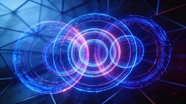 Circular glowing rings and geometric lines in a futuristic digital tunnel