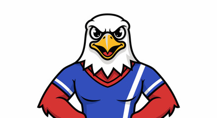 Naklejka premium Cartoon eagle mascot in blue sports uniform.
