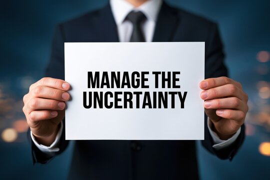 A risk manager holding a sign with the challenge to 'Manage The Uncertainty'