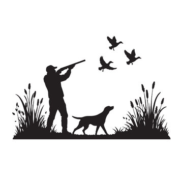 Duck hunting silhouette with hunter and dog, waterfowl hunter aiming shotgun at flying ducks, marsh landscape with cattails and retriever