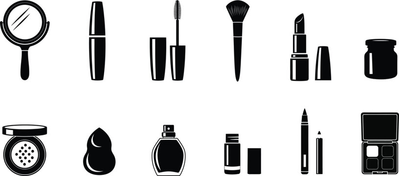 Makeup cosmetics brush palette sponge silhouette vector set