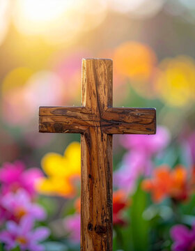 Wooden cross with blurred colorful spring flowers on background, natural lighting, soft spiritual Easter atmosphere, gentle religious symbolism